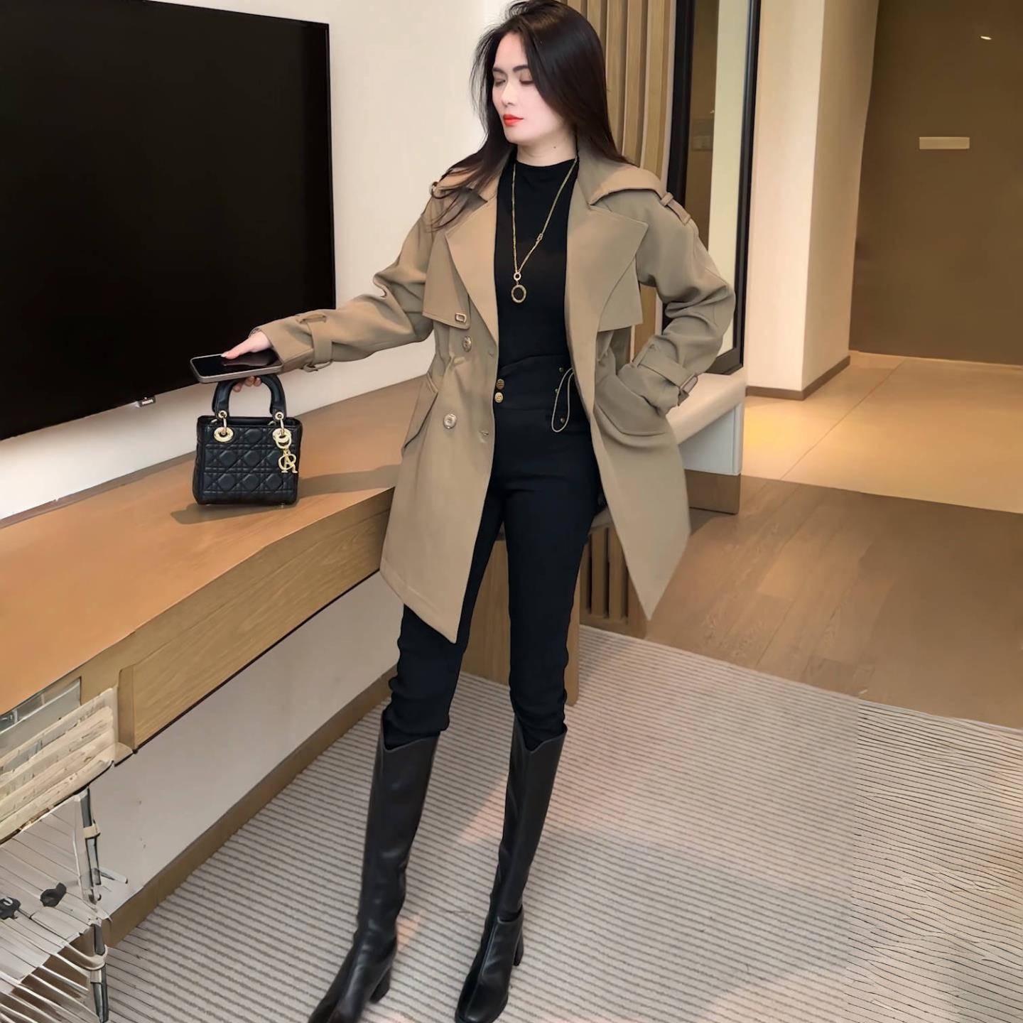 新品高级感风衣外套女士气质春秋新款小个子英伦风中长款大衣长袖