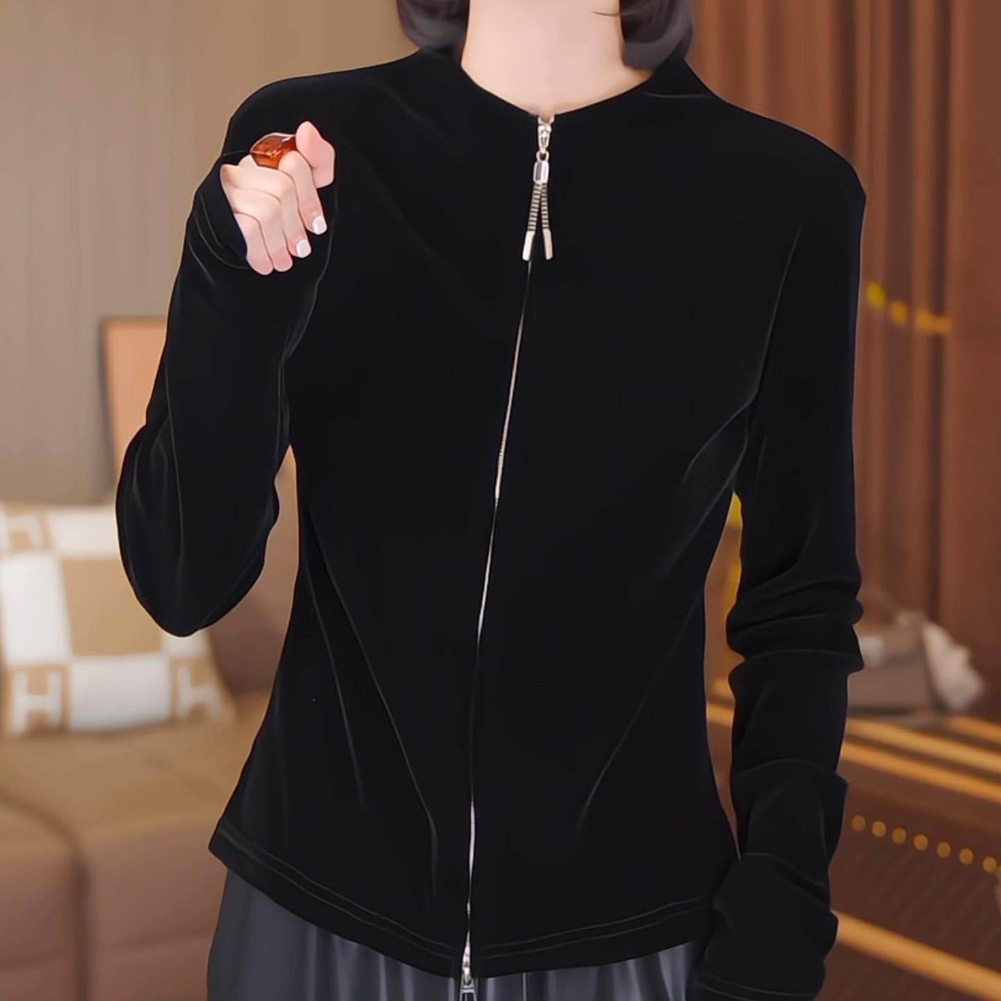 新品简约黑色双拉链长袖外套女士春秋2026欧货休闲百搭洋气金丝绒