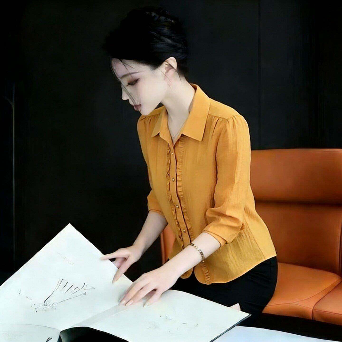 新品时尚翻领衬衫女春秋新款爆款小个子气质木耳边衬衣宽松遮肚子