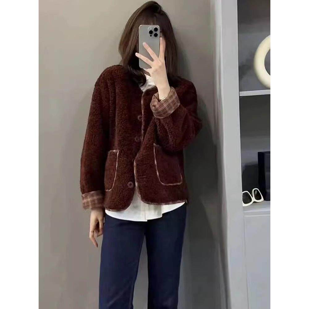 新品小香风仿羊羔毛外套女秋冬韩版宽松时尚撞色毛边加厚毛呢短款