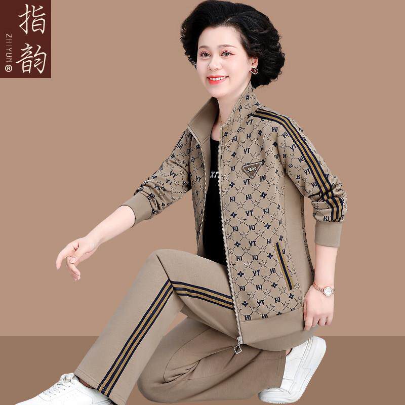 新品中年妈妈女装印花外套上衣中老年运动套装春秋时尚洋气休闲三
