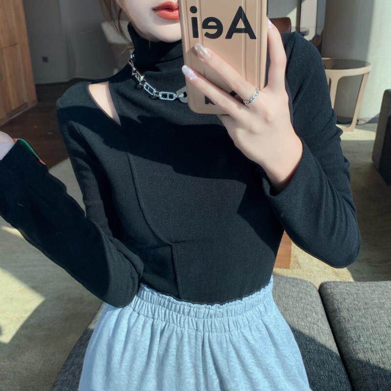 新品半高领粉色t恤女长袖欧货洋气小衫设计感小众露肩上衣内搭打