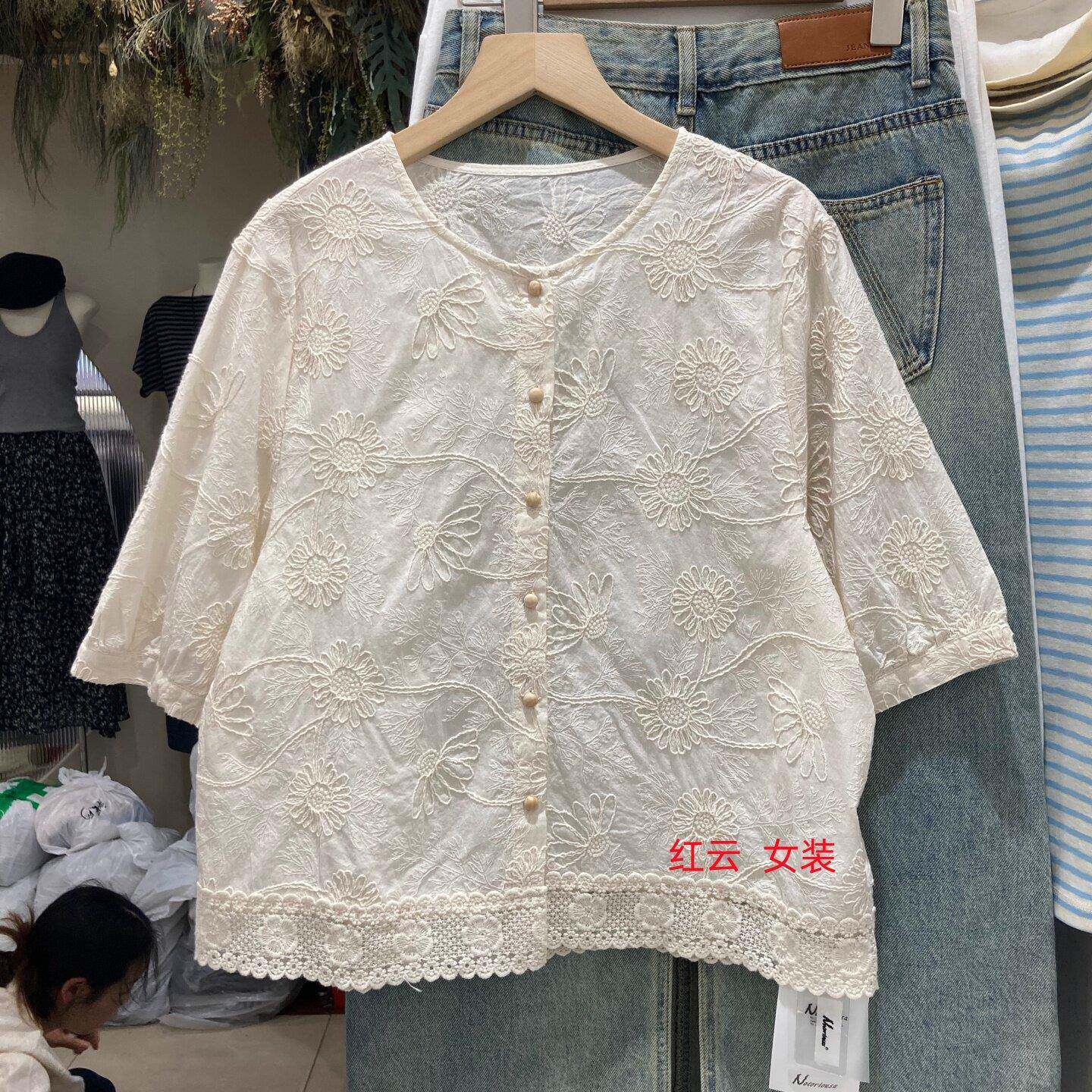 新品日系文艺范 五分袖圆领衬衫女 蕾丝花边下摆纯棉绣花衬衣中袖
