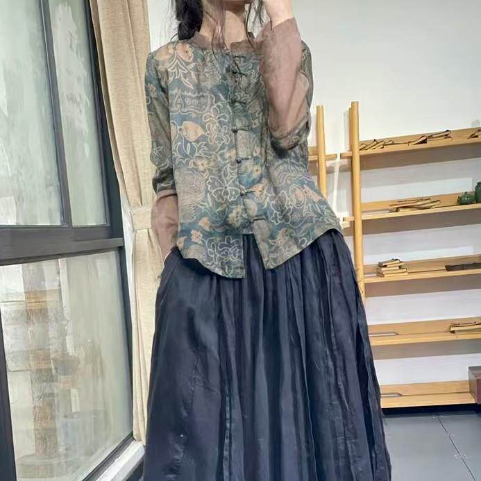 新品新中式复古印花拼接短外套禅意佛系立领盘扣开衫棉麻宽松小众
