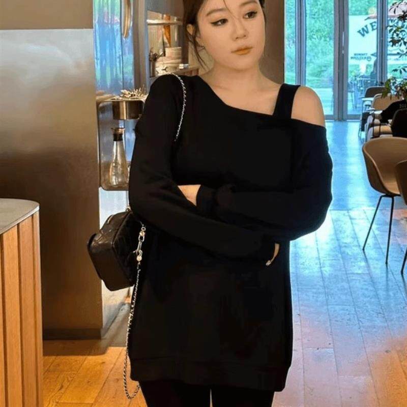 新品大码女装露肩宽松慵懒卫衣春秋300斤胖mm遮肚子显瘦休闲长袖