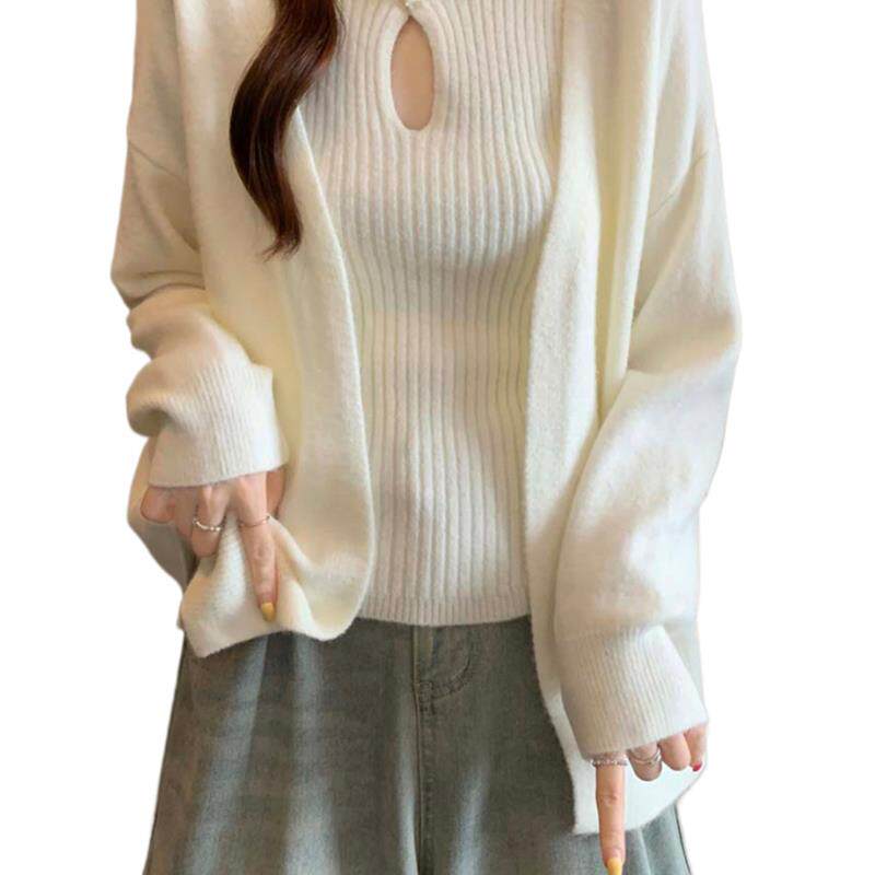 新品大码女装秋装胖mm新中式国风盘扣针织背心长袖开衫毛衣两件套