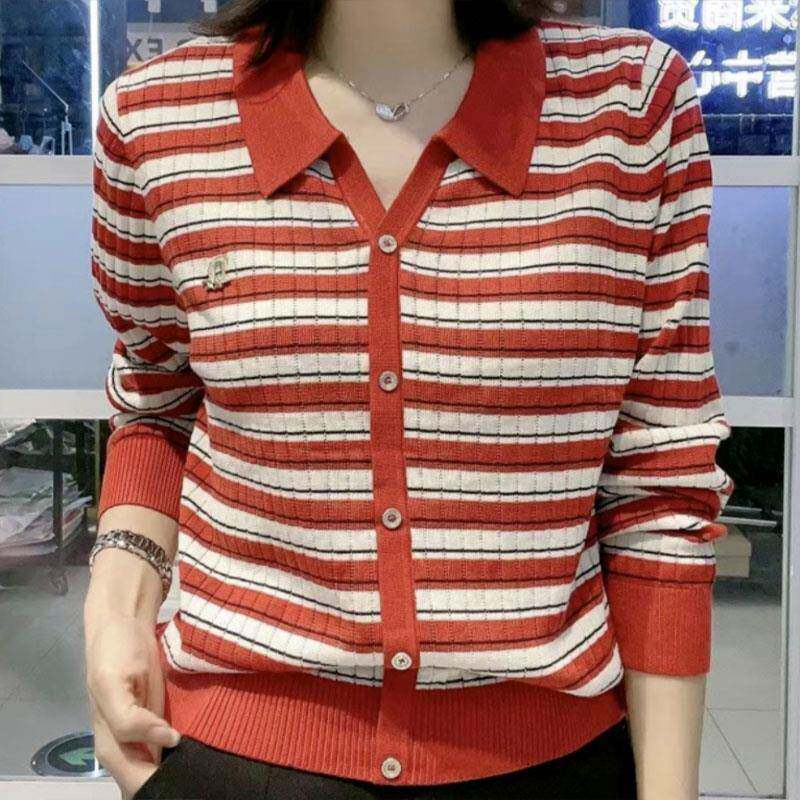 新品弹力长袖翻领套头上衣女2026秋季新款宽松遮肚时尚减龄条纹针