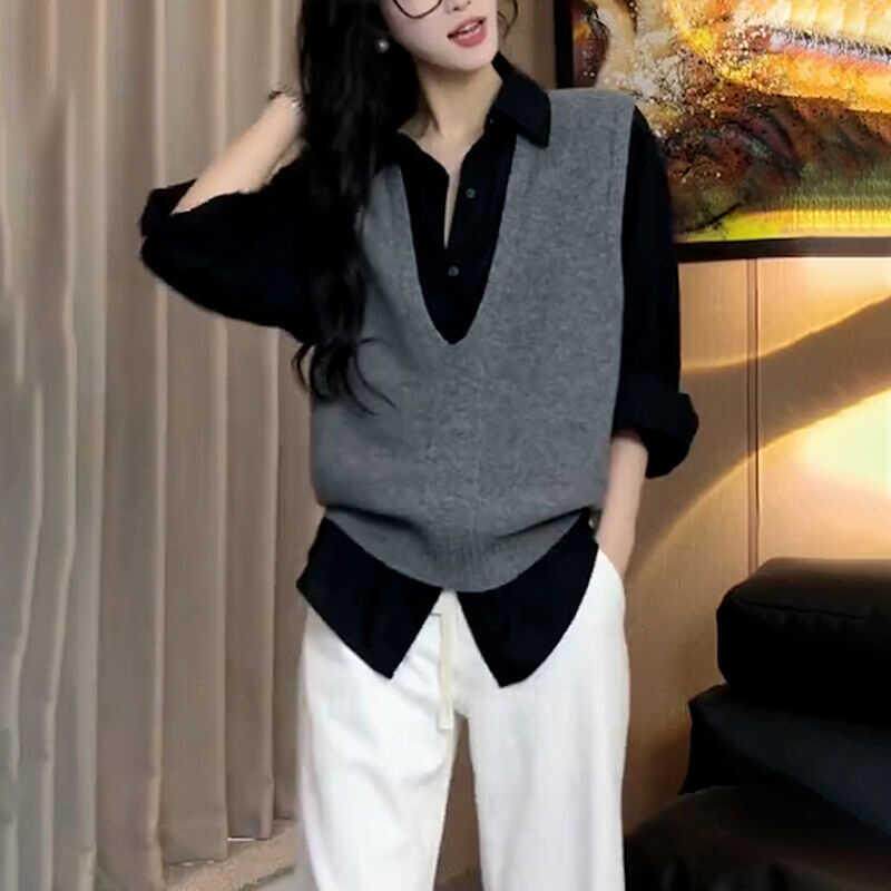 新品秋季套装女装2026新款韩版时尚灰色V领针织马甲休闲百搭长袖