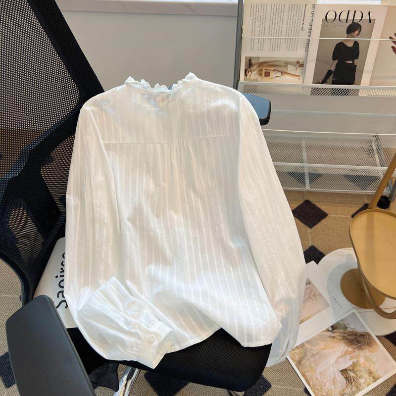新品法式气质蕾丝花边立领衬衫女士2026春秋薄款百搭长袖上衣洋气