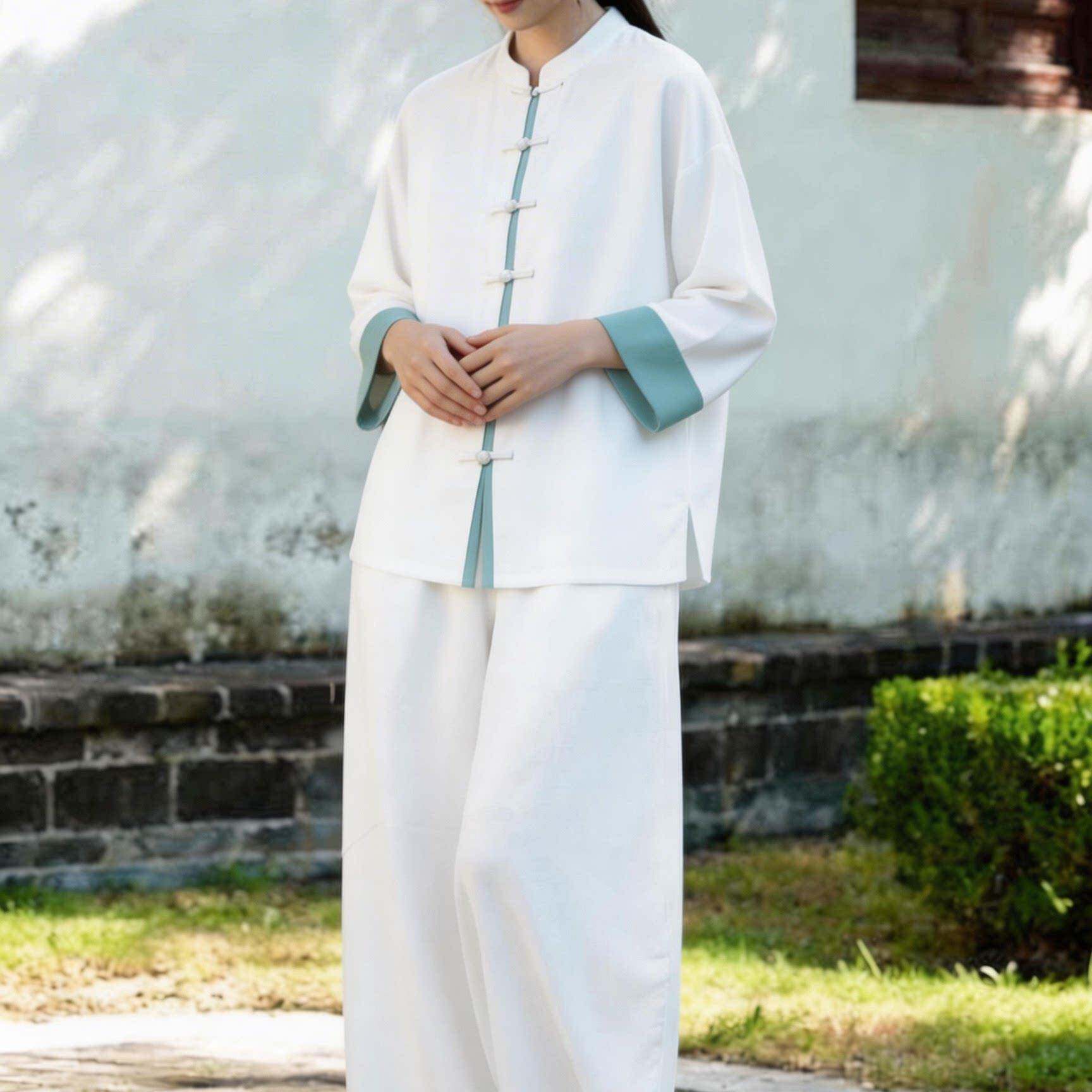 新品新中式立领盘扣居士服套装女棉麻太极服禅意汉服素衣阔腿裤两