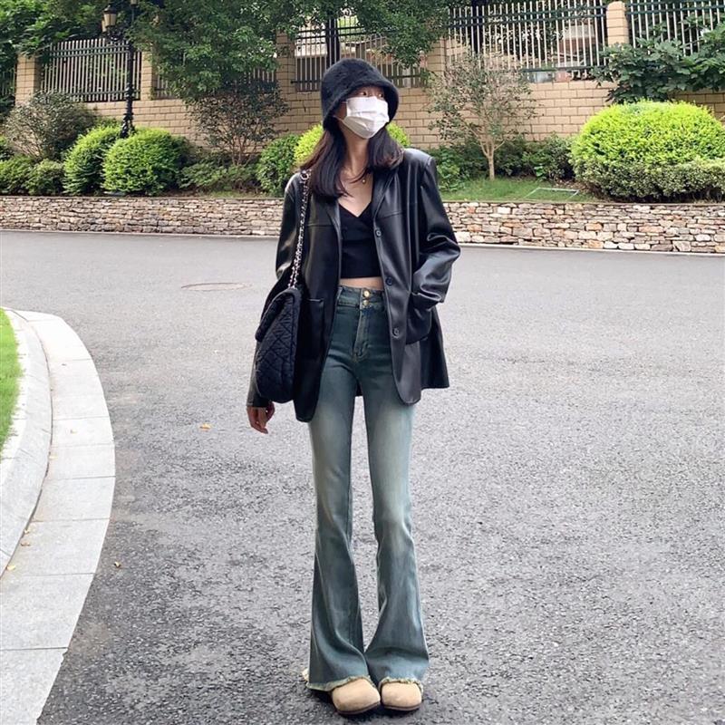 新品黑色西装皮衣外套女20