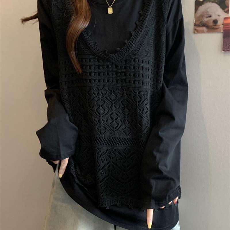 新品大码女装春秋新款胖mm显瘦遮肚减龄叠穿背心马甲打底衫上衣两