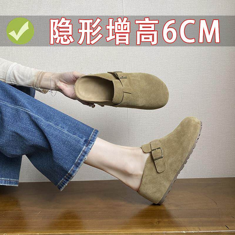 新品内增高6cm勃肯鞋女真皮2026新款复古坡跟厚底包头一脚蹬半拖
