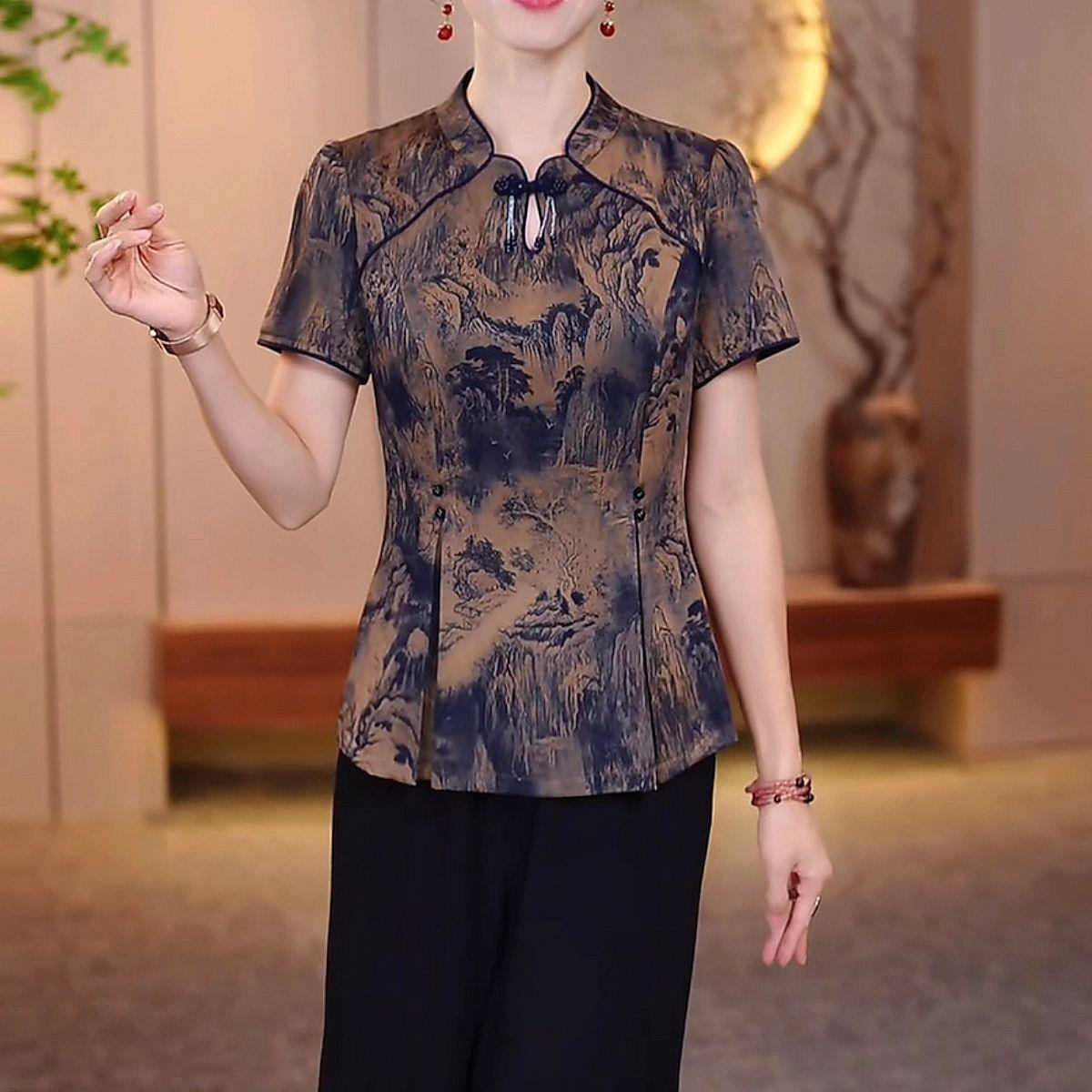 新品新中式贵夫人妈妈改良旗袍上衣直筒裤套装大码遮肉高贵气质两