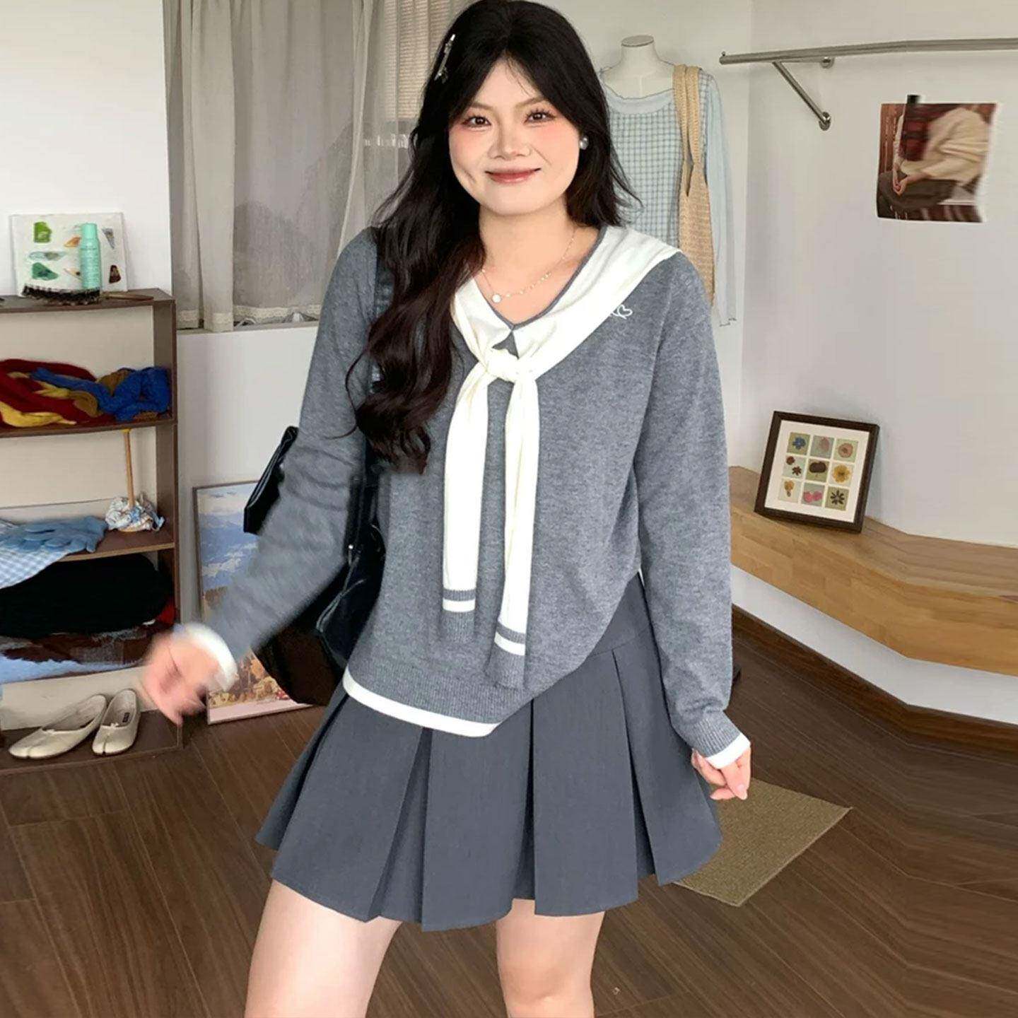 新品大码甜美系带披肩假两件长袖针织衫女秋季胖mm宽松遮肉百搭毛