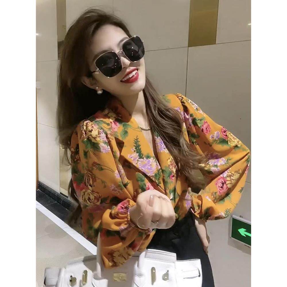 新品碎花垫肩衬衫女春秋季新款欧货宽松复古上衣时尚气质长袖西装