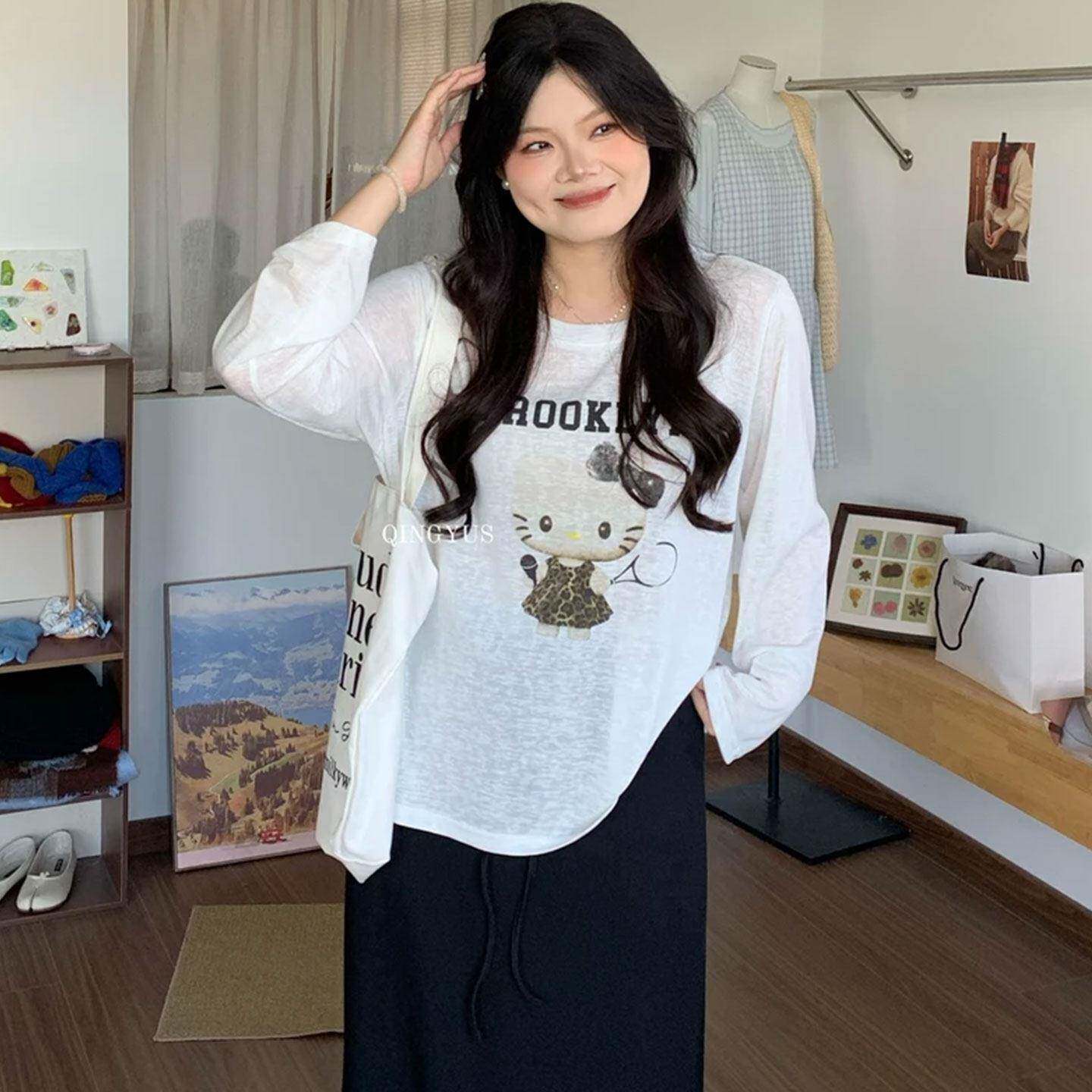 新品大码韩系慵懒风可爱印花长袖T恤女秋季胖mm减龄宽松遮肉百搭
