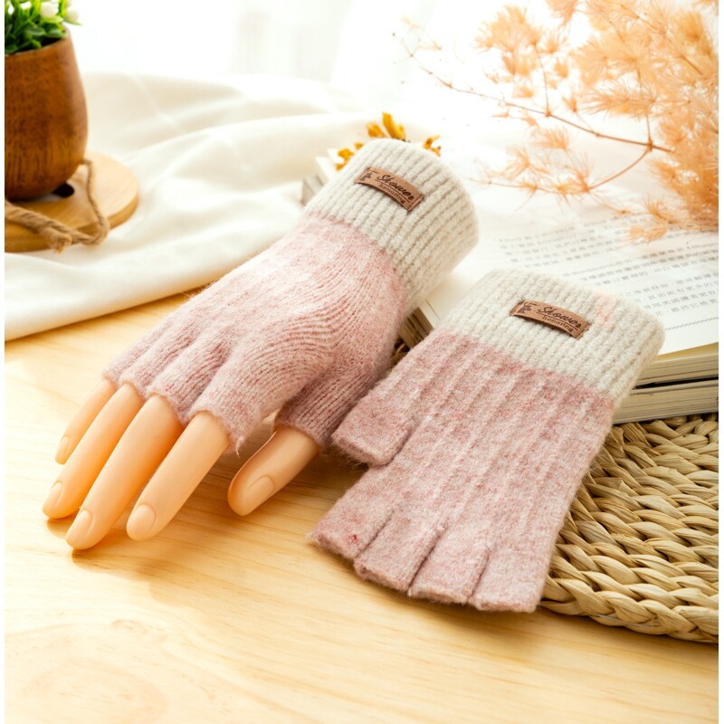 新款女士秋冬半指拼色毛线学生保暖办公漏指头针织开车冬天手套潮
