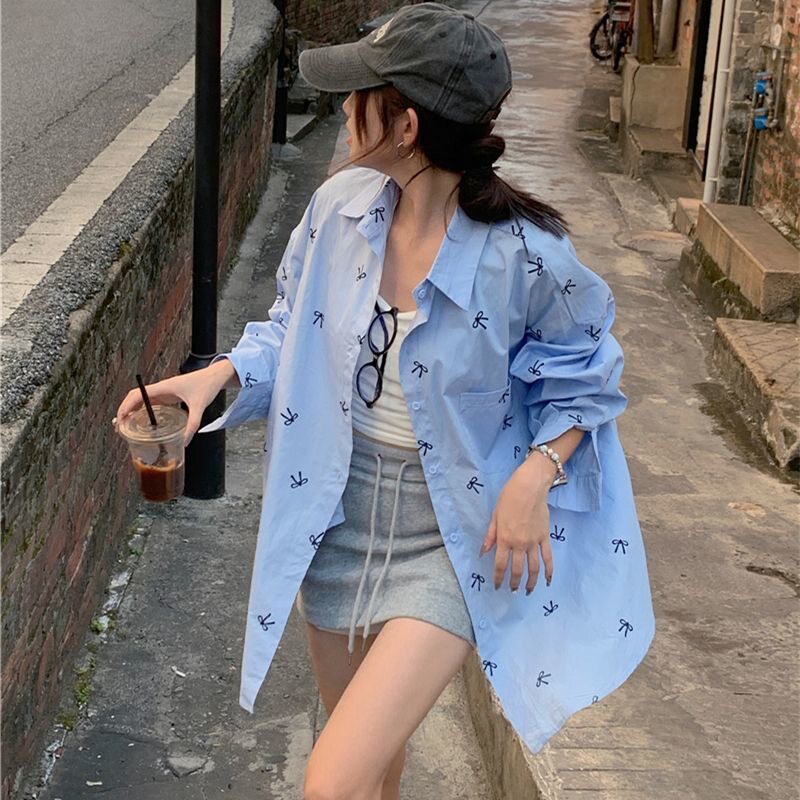蝴蝶结印花长袖衬衫女早秋新款polo领宽松中长款小众防晒开衫外套