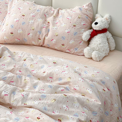 a类少女粉色卡通全棉双层纱床上四件套母婴级纱布学生被套三件套