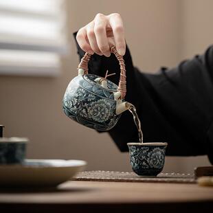 汝窑繁花藤编提梁壶泡茶壶大容量过滤壶家用陶瓷可养功夫茶具 中式