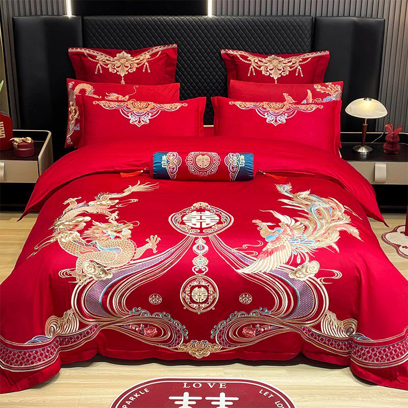 婚庆四件套大红龙凤刺绣结婚被套新D房嫁礼喜庆被罩床上用品六件,床上用品,婚庆床品套件,淘宝优惠券,粉丝福利购,淘宝优惠卷