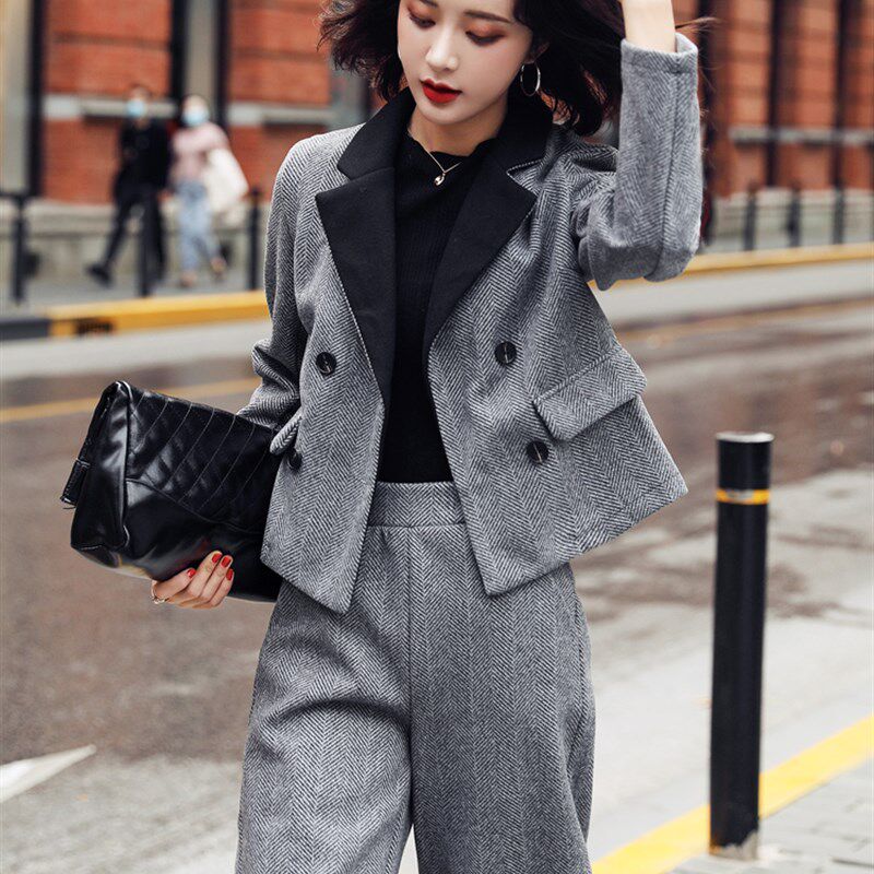 时尚阔腿裤套装j女春秋新款韩版简约气质优雅宽松九分裤呢子两件