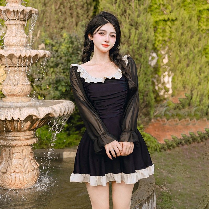 泳衣女大码胖mm显瘦遮肉连体裙式长袖保I守平角裤200斤泡温泉泳装