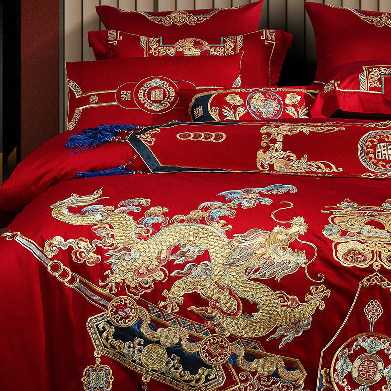 中式龙凤婚庆全棉刺绣结婚四件套喜庆大红色被套Y婚房床上用品,床上用品,婚庆床品套件,淘宝优惠券,粉丝福利购,淘宝优惠卷