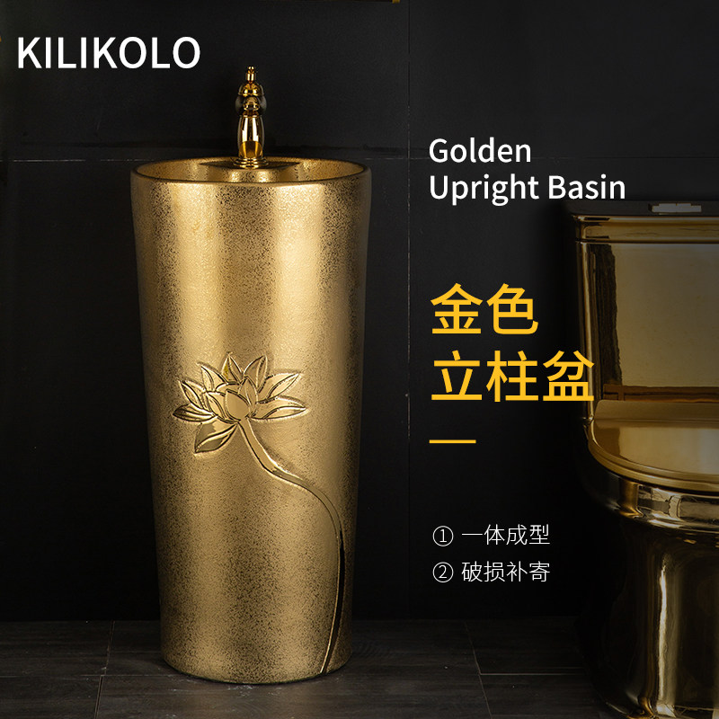 欧式金色立柱盆镀金洗手盆落地式洗脸盆连身盆一体陶瓷.盆圆形柱