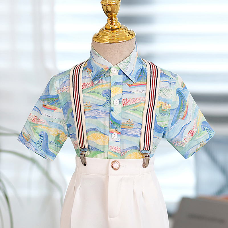 男童短袖花衬衫儿童西装夏季男孩衬衣西服男宝宝礼服表演服小学生