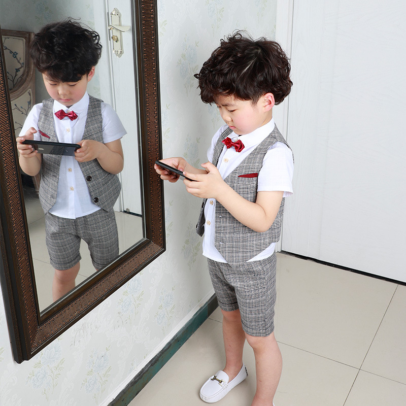 男童西装马甲三件套夏季儿童套装宝宝短袖格子礼服花童礼服演出服