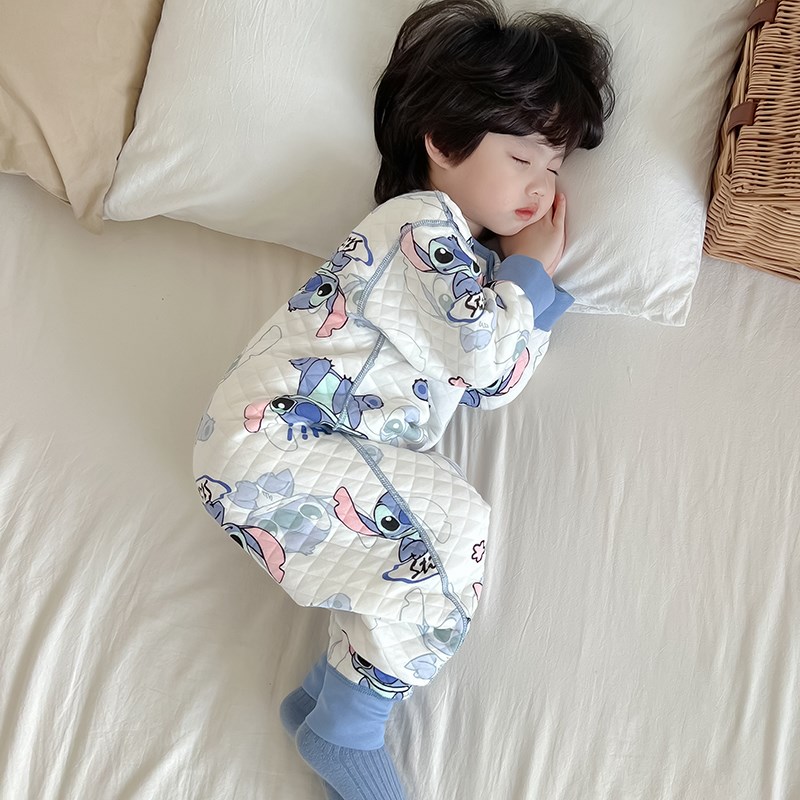 儿童纯棉连体睡衣男童秋冬厚款深秋加棉宝宝防着凉连身睡袋防踢女