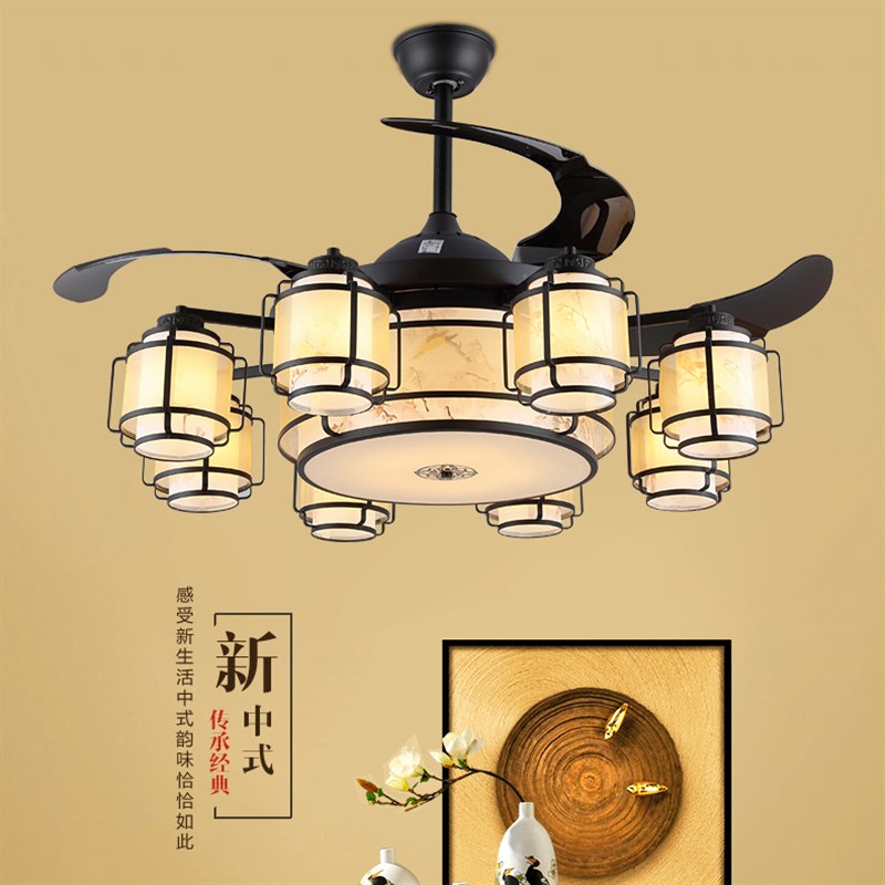 新中式吊灯隐形吊扇灯客厅灯仿古风扇灯古典餐厅吊灯LED电风扇灯