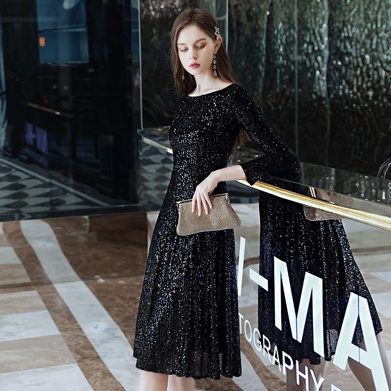 晚礼服女宴会气质轻奢小众高端主持人高级感亮片晚装黑色端庄大气