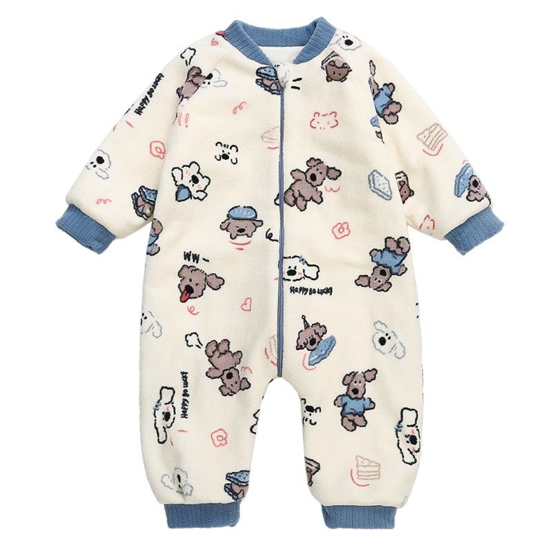 儿童连体睡衣冬法兰绒男童睡袋加绒加厚宝宝男孩珊瑚绒防踢家居服