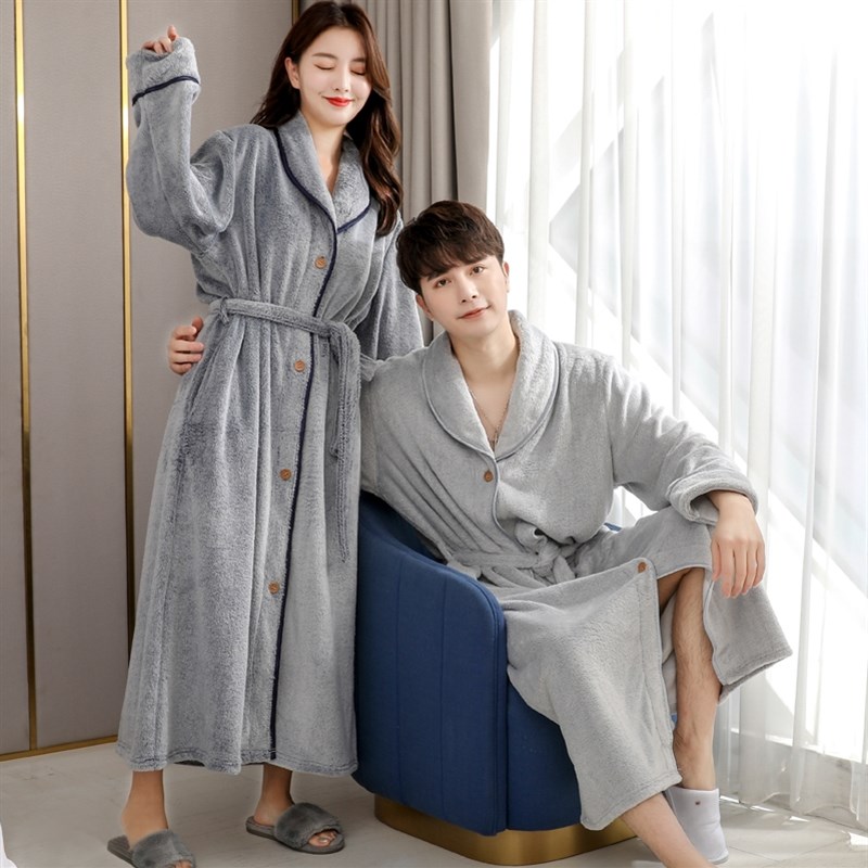 冬季保暖男士睡裙加厚钮扣睡袍男春秋连身睡衣加绒长版扣子浴袍女