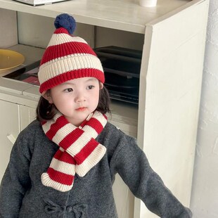 宝宝帽子围巾2件套双色条纹毛线围脖交叉巾保暖女孩男孩1-6岁柔软