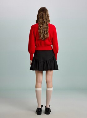 PIT复古国风娃娃领盘扣毛针织衫红色跨年新年百搭打底上衣内搭