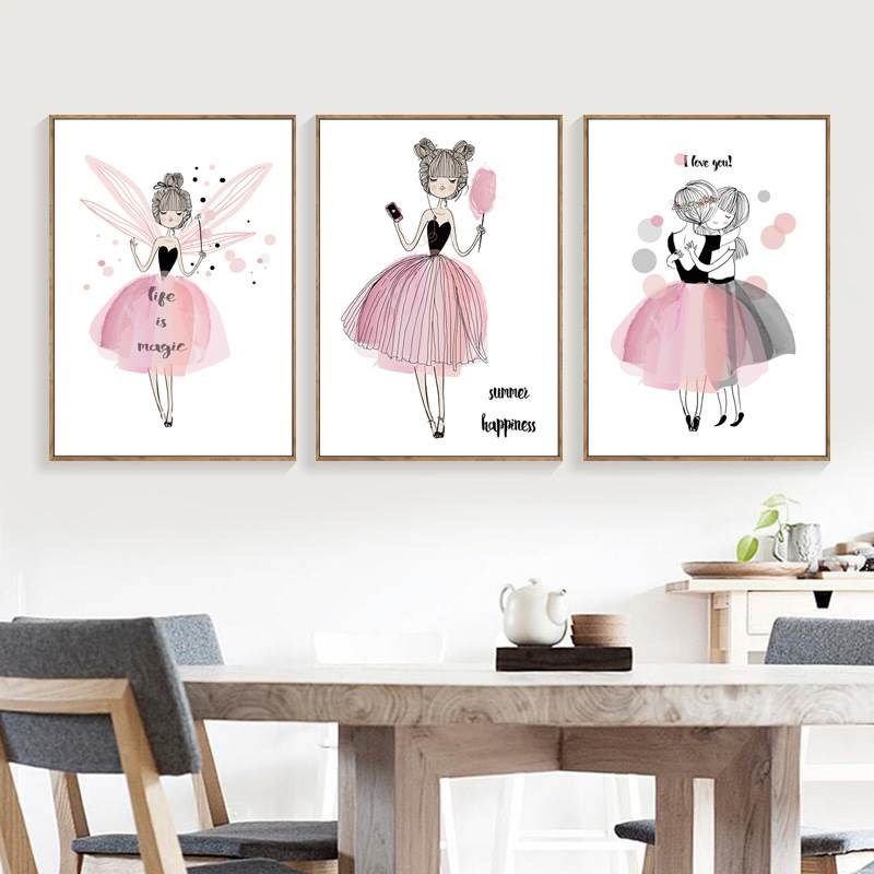 儿童房装饰画粉色芭蕾女孩少女卧室北欧风兔子气球三联画简约挂画,家居饰品,现代装饰画,淘宝优惠券,粉丝福利购,淘宝优惠卷
