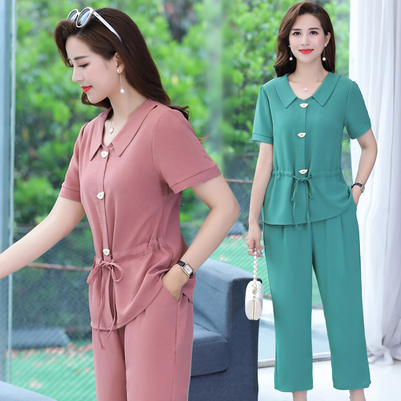 妈妈夏装短袖休闲套装大码中老年女雪纺小衫洋气上衣九分裤两件套