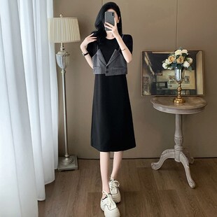 高级感假两件拼接连衣裙女夏季新款梨型身材遮胯显瘦休闲T恤裙子