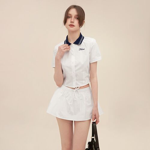 NNOVA学院风短袖拼接衬衫抽绳半裙女夏季显瘦套装