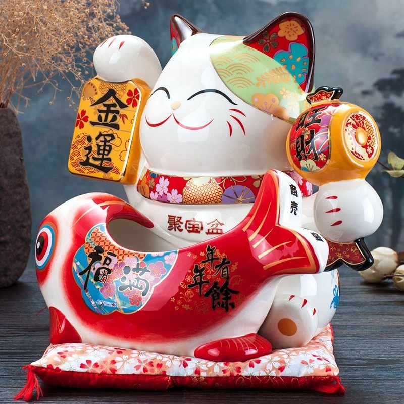 金石工坊玄关进门口鞋柜钥匙收纳盒客厅桌面遥控器陶瓷招财猫摆件