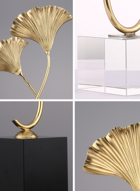 创意纯铜银杏叶水晶底座客厅玄关书房电视柜摆件简约家居装饰摆设