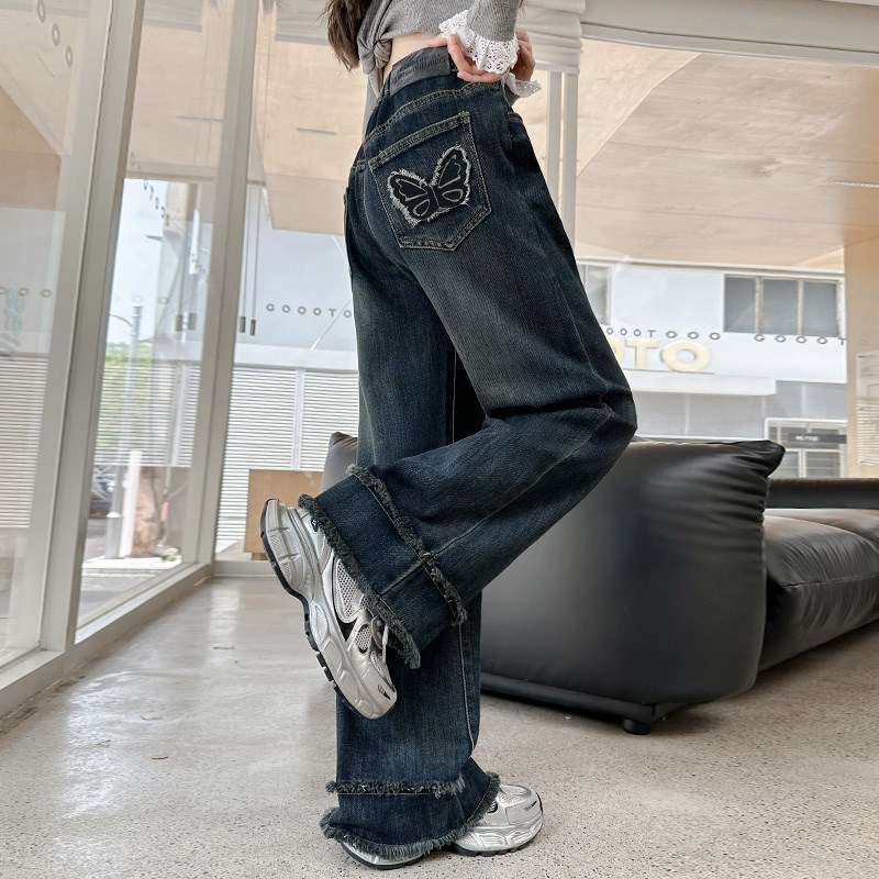 女童牛仔裤春秋款2024新款洋气时髦中大儿童秋装女孩秋季阔腿裤子