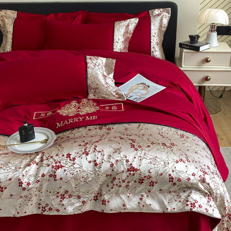 法式浪漫长绒棉纯棉婚庆四件套红色床单被套结婚床上用品婚房喜被