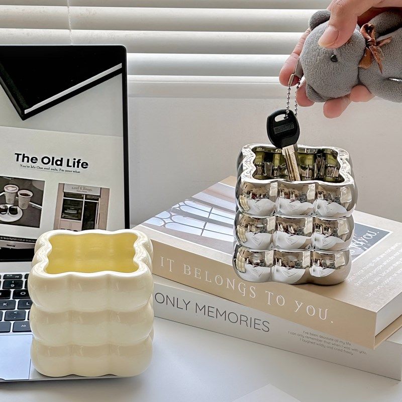 迷你小号台面垃圾桶轻奢家用客厅桌面镂空杂物收纳盒垃圾桶陶瓷