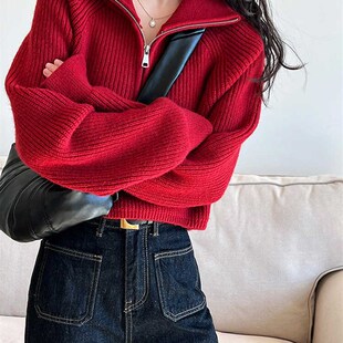 设计感半高领拉链红色针织衫女短款春季新款高腰毛衣宽松加厚上衣