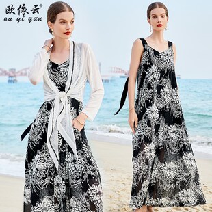 欧依云中年妈妈夏装两件套连衣裙2025新款洋气显瘦年轻裙子套装女